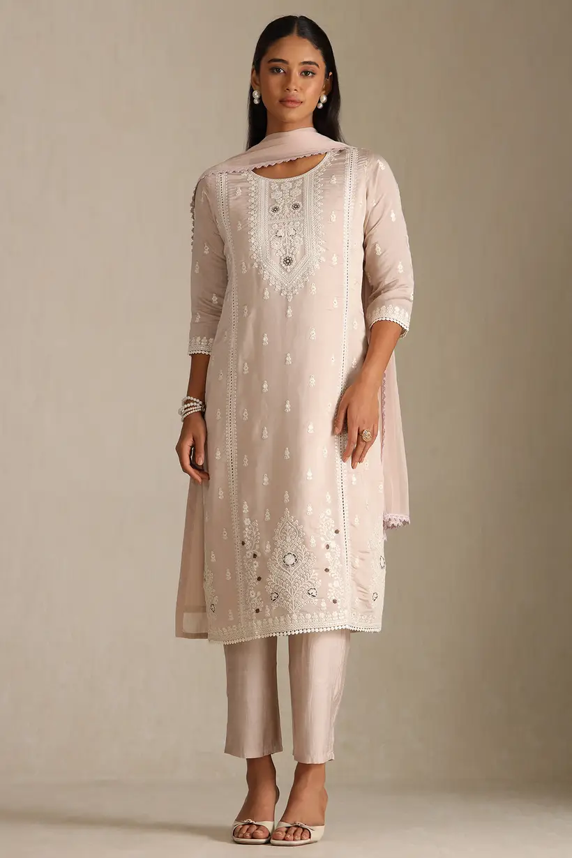 Beige Chanderi Embroidered Suit Set With Thread Work